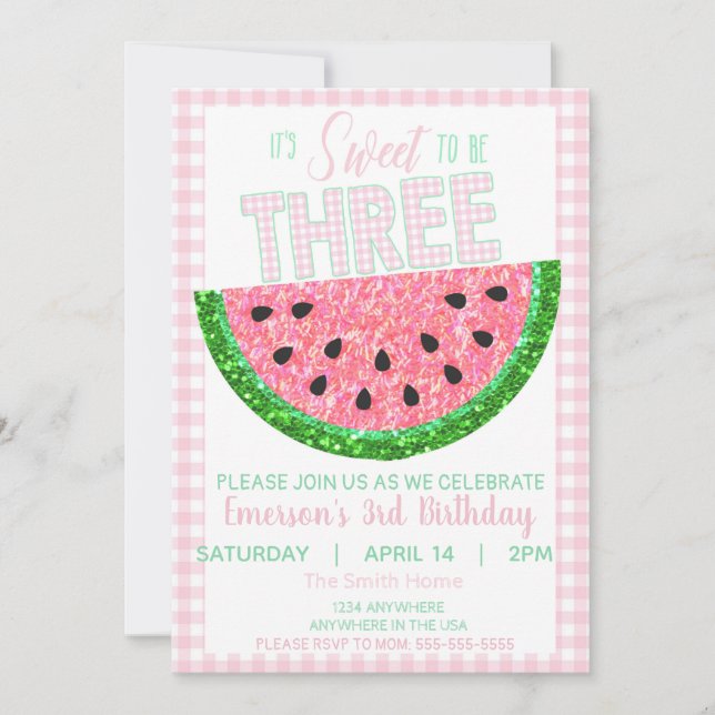 Watermelon, Sweet to be three, girls Glitter Invitation (Front)