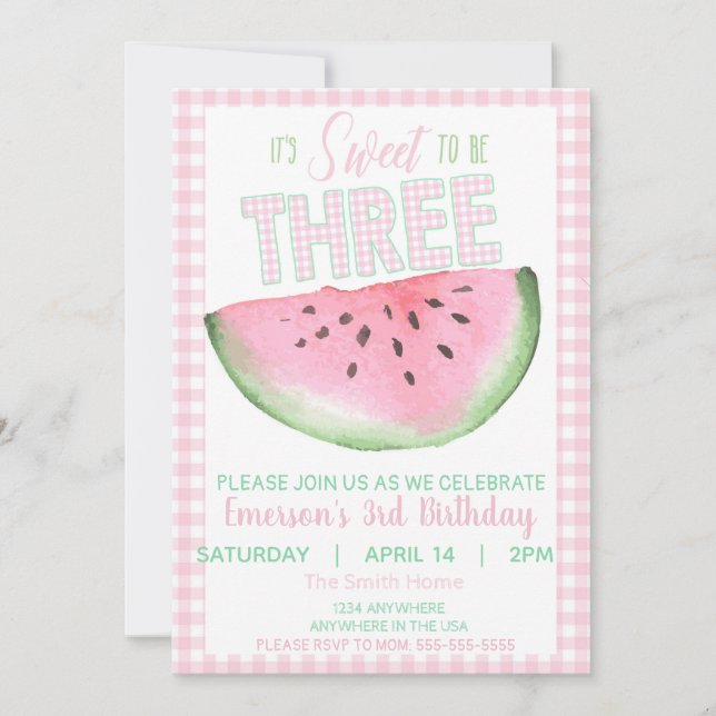 Watermelon, Sweet to be three, girls  watercolor Invitation (Front)