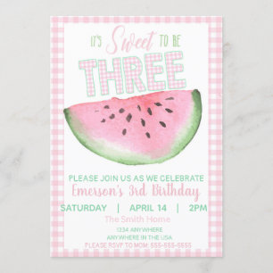 Watermelon, Sweet to be three, girls  watercolor Invitation