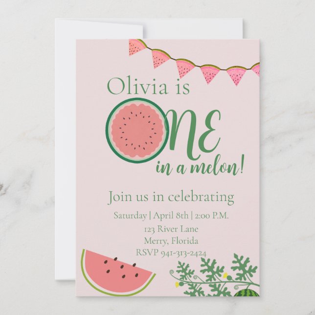 Watermelon theme first birthday invitation (Front)