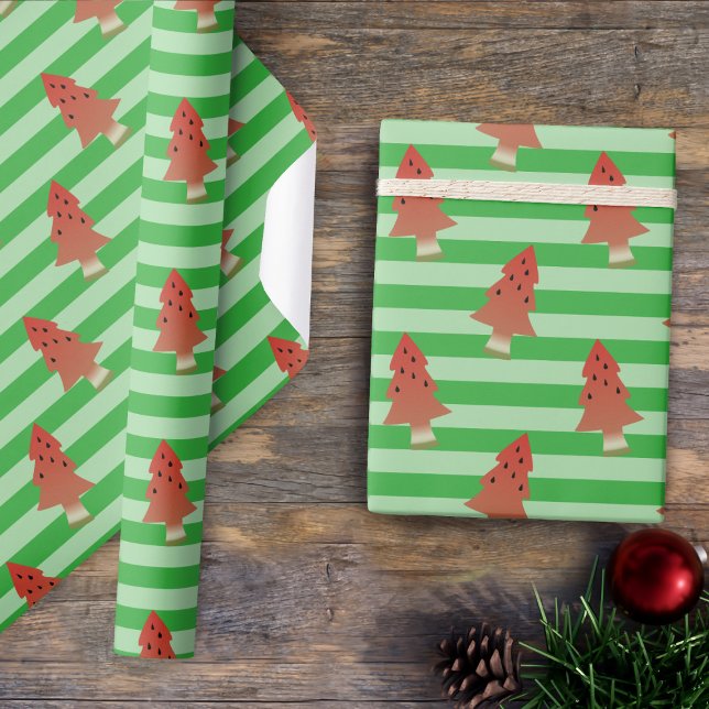 Watermelon Tree Christmas in July Green Striped Wrapping Paper (🍉🎄 Summer gift-giving just got a whole lot cooler with our Christmas in July wrapping paper.)