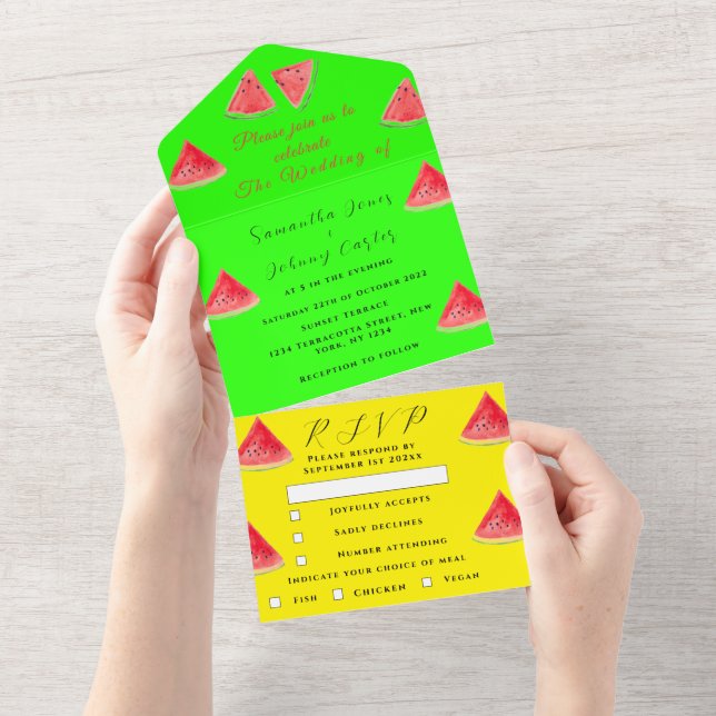 Watermelon Tropical Fruit Trendy Neon Wedding All In One Invitation (Tearaway)