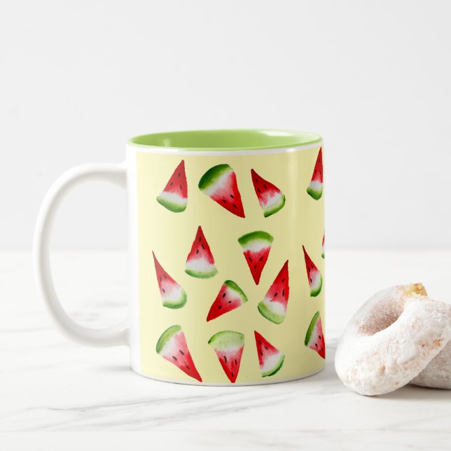 Watermelon watercolor cute fruit Two-Tone coffee mug (With Donut)