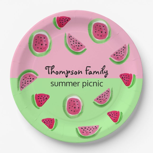 Watermelon watercolor Family Summer Picnic Paper Plate (Front)