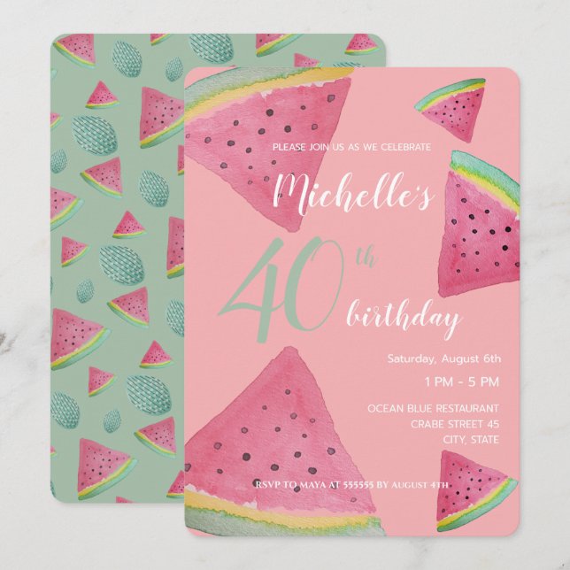 Watermelon Watercolor Hand-painted Invitation (Front/Back)
