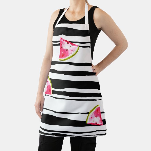Watermelon Wedges on Black Stripe White Pattern Apron (Insitu)