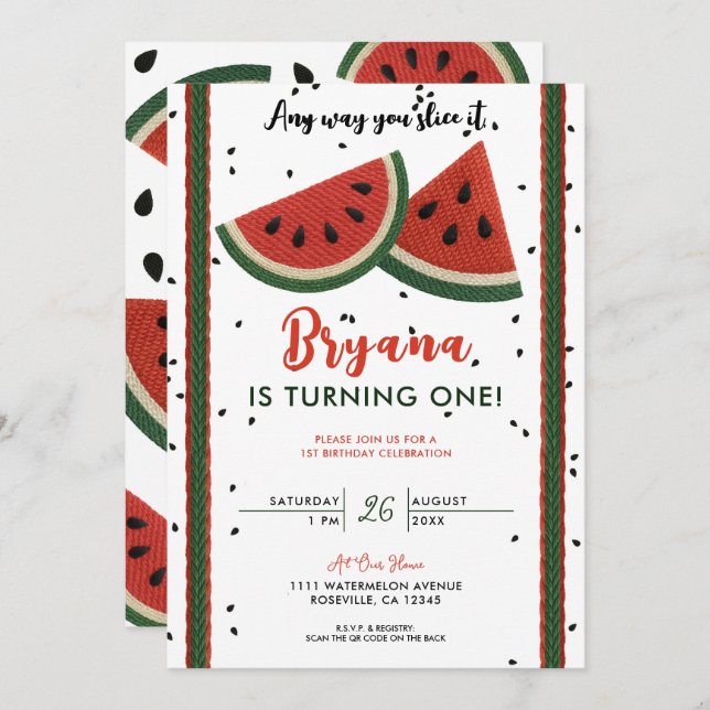Watermelon Yarn Any Way You Slice it 1st Birthday Invitation (Front/Back)