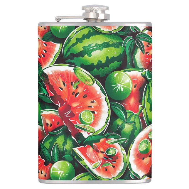 Watermelons, lime, watermelon leaves, small lime f hip flask (Front)