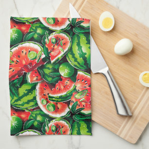 Watermelons, lime, watermelon leaves, small lime f tea towel