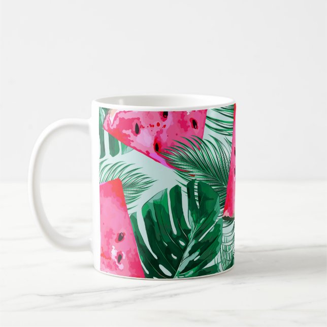 Watermelons, palm leaves: tropical seamless patter coffee mug (Left)