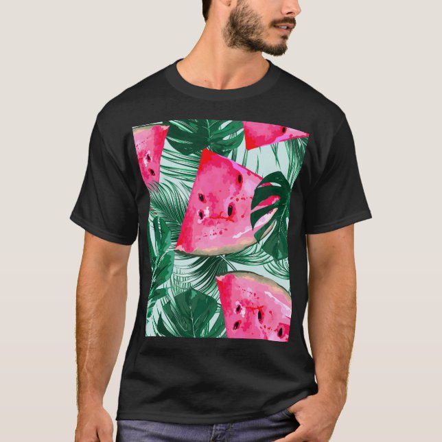 Watermelons, palm leaves: tropical seamless patter T-Shirt (Front)