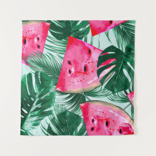 Watermelons, palm leaves: tropical seamless patter tapestry