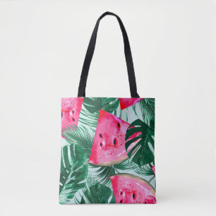 Watermelons, palm leaves: tropical seamless patter tote bag