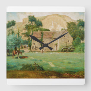 Watermill at the Foot of a Mountain Square Wall Clock