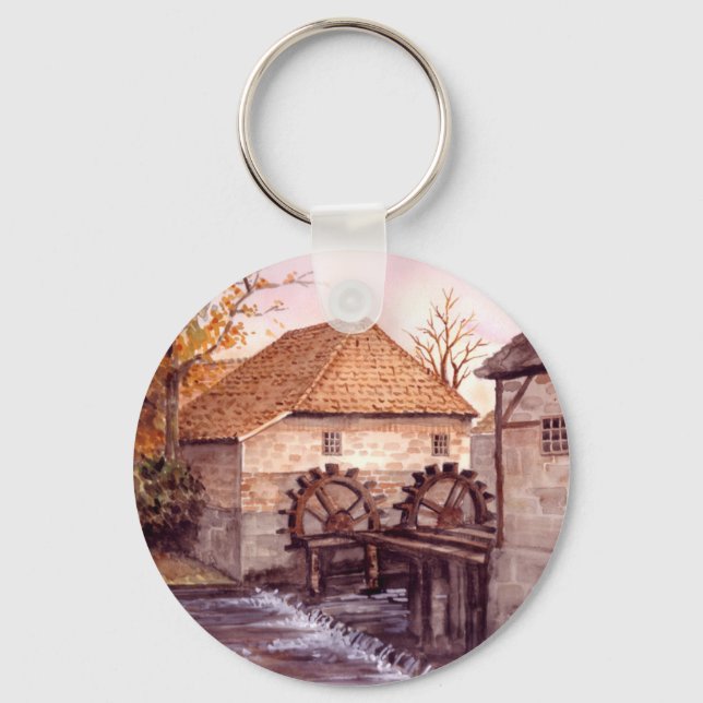 Watermill Watercolor Painting by Farida Greenfield Key Ring (Front)