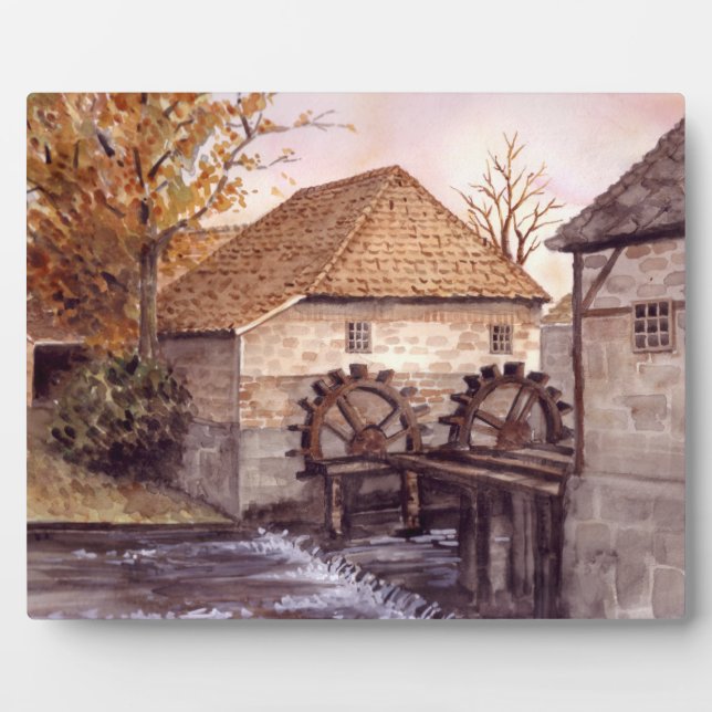 Watermill Watercolor Painting by Farida Greenfield Plaque (Front)