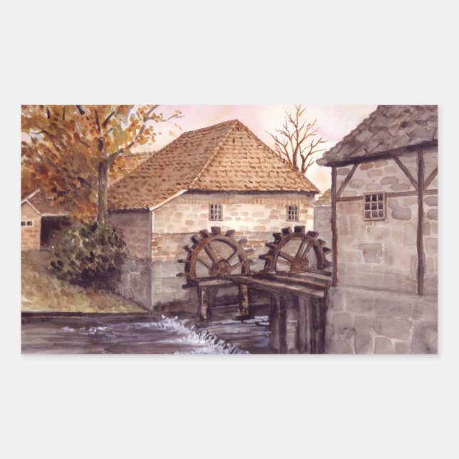 Watermill Watercolor Painting by Farida Greenfield Rectangular Sticker (Front)