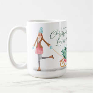 Waterolor Christmas Lovin' Girl Pulling Sleigh Coffee Mug