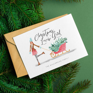Waterolor Christmas Lovin' Girl Pulling Sleigh Holiday Card