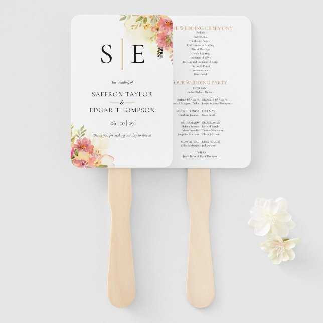 Waterolor Floral Monogram Wedding Program Hand Fan (Front and Back)