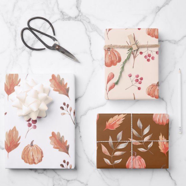 Waterolor Pumpkins Foliage Leaf Wrapping Paper (Front)