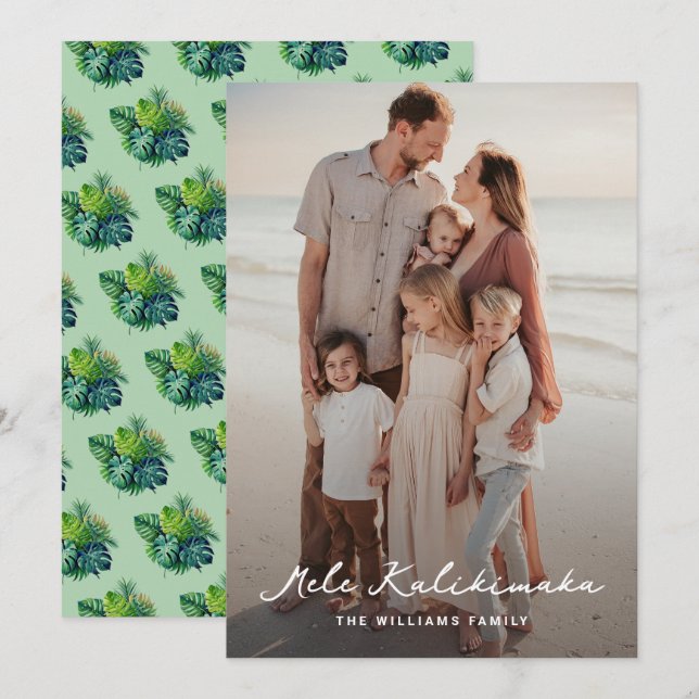 Waterolor Tropical Leaves Photo Mele Kalikimaka Holiday Card (Front/Back)
