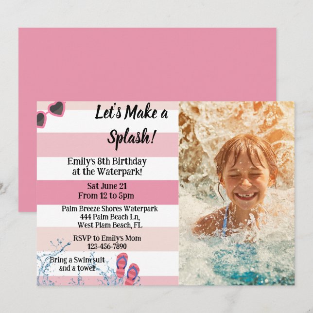 Waterpark Birthday Pool Summer Girly Birthday  Invitation (Front/Back)
