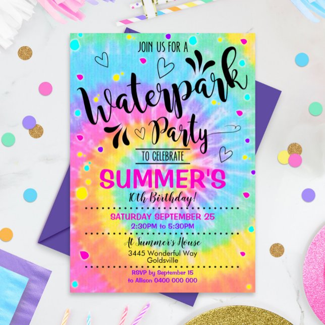 Waterpark Party Invitation Tie Dye Water Park (Waterpark Party Invitation. Perfect design for your next Water Park Birthday Party!)