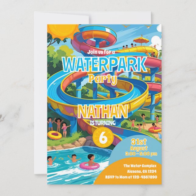 Waterpark Waterslide Pool Party Birthday Invite (Front)