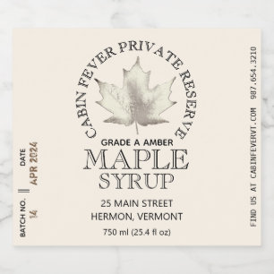 Waterproof Maple Syrup Logo Batch Date 4" x 3.5" Liquor Bottle Label