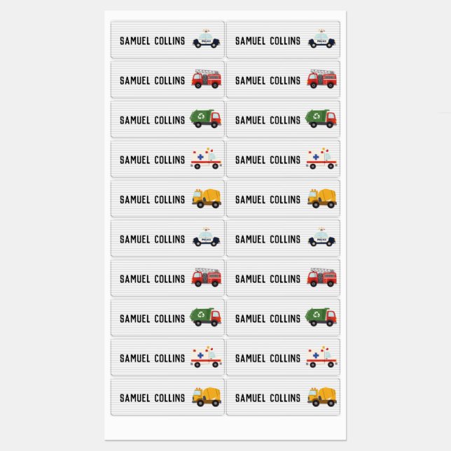 Waterproof Name Label Boy Vehicle Police Firetruck (Sheet)