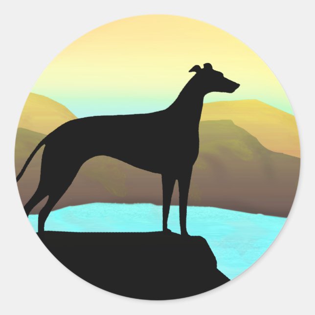 Waterside Greyhound Dog Landscape Classic Round Sticker (Front)