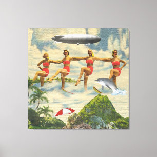 Waterskiing Girls Tropical Blimp Dolphin Collage Canvas Print