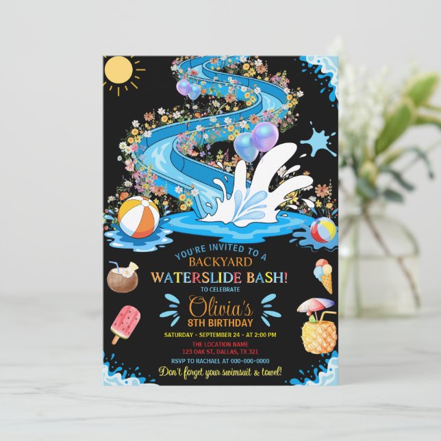 Waterslide Bash Summer Wildflower Birthday Party Invitation (Standing Front)