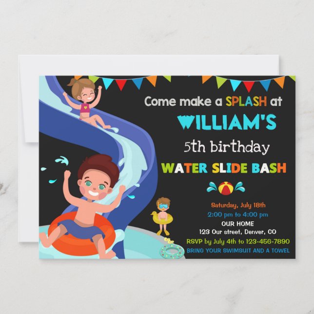 Waterslide birthday invitation Boy Pool party (Front)