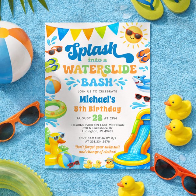 Waterslide Birthday Invitation for Boys (Waterslide Birthday Invitation - Boy Summer Birthday Duck Theme)