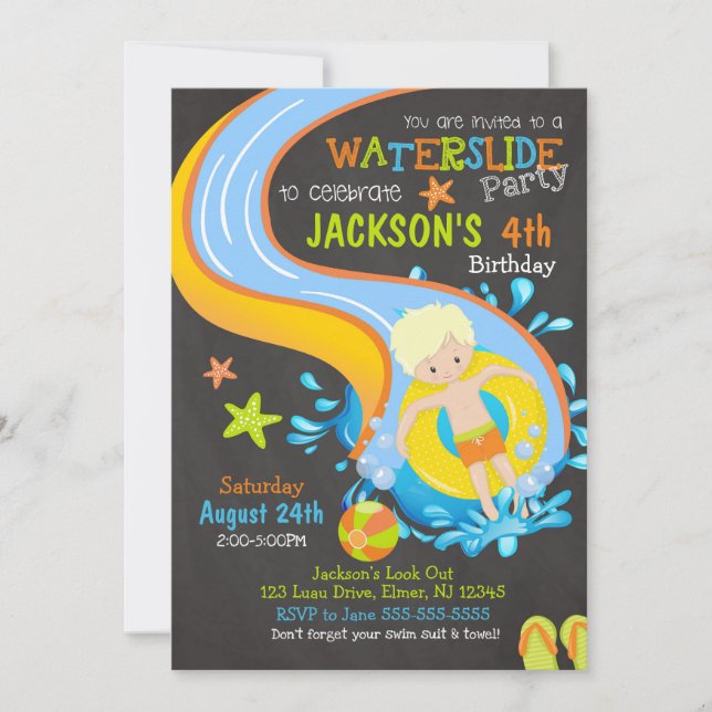 Waterslide Birthday Invitation / Pool Party / Boy (Front)