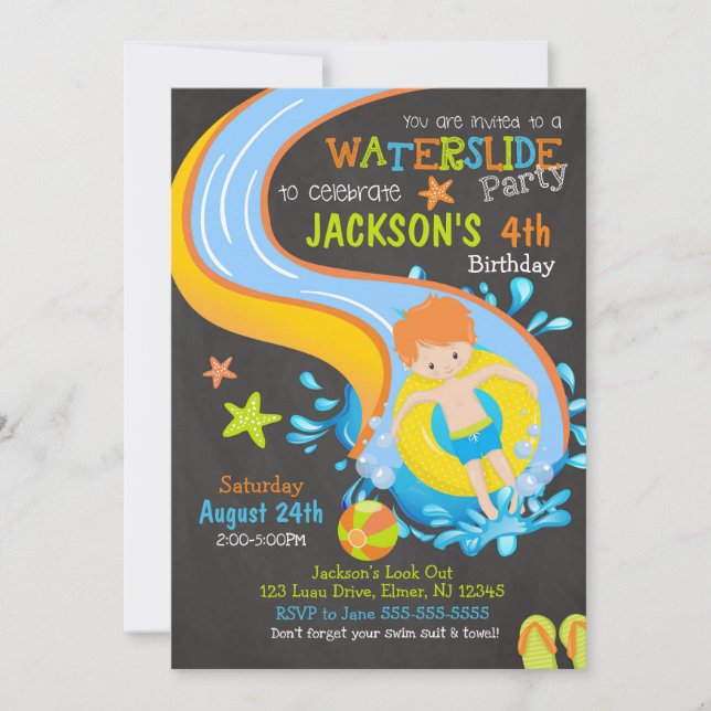 Waterslide Birthday Invitation / Pool Party / Boy (Front)