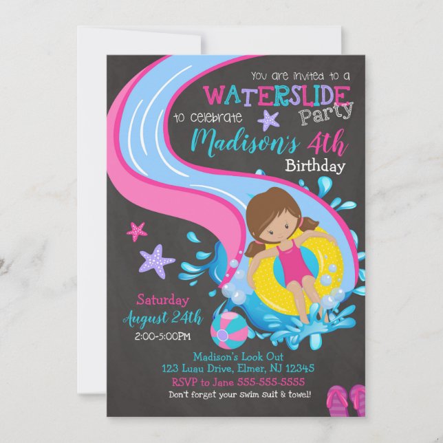 Waterslide Birthday Invitation / Pool Party / Girl (Front)