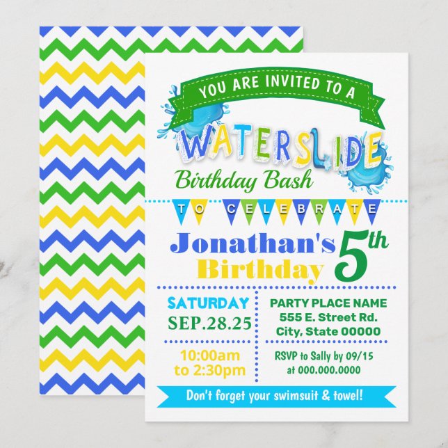 Waterslide birthday summer party blue green yellow invitation (Front/Back)