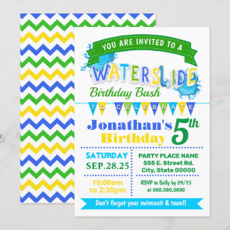 Waterslide birthday summer party blue green yellow invitation