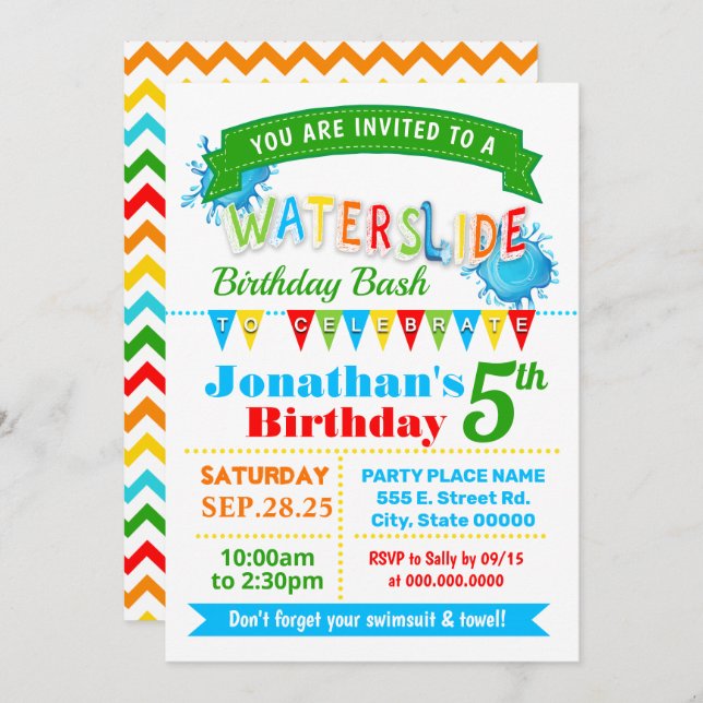 Waterslide birthday summer party primary colours invitation (Front/Back)