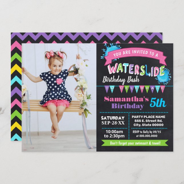 Waterslide birthday summer pink chalkboard photo invitation (Front/Back)