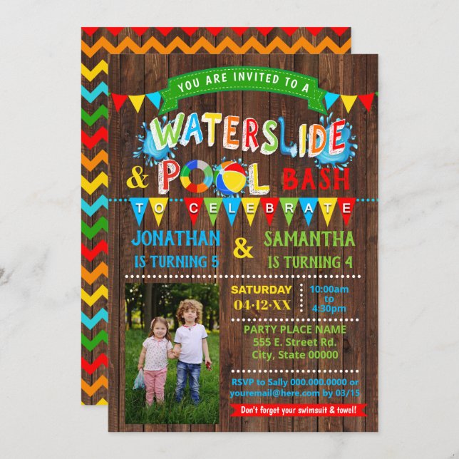 Waterslide Pool Birthday Combined Party Photo Invitation (Front/Back)