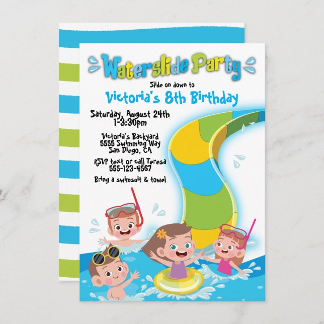 Waterslide Pool Birthday Party Invitation (Front/Back)