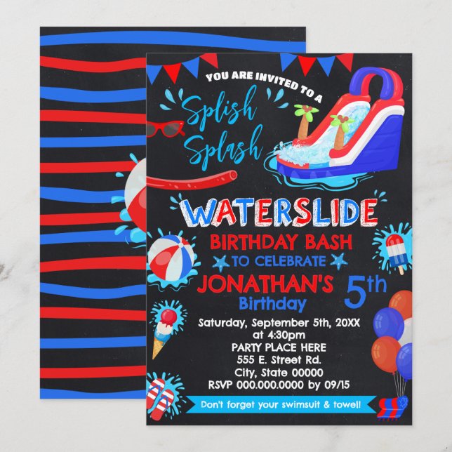 Waterslide Splish Splash Birthday Red White Blue Invitation (Front/Back)