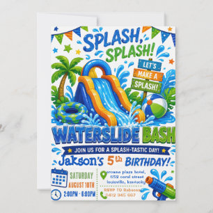 Waterslide Summer Pool Party Boy Birthday Invitation