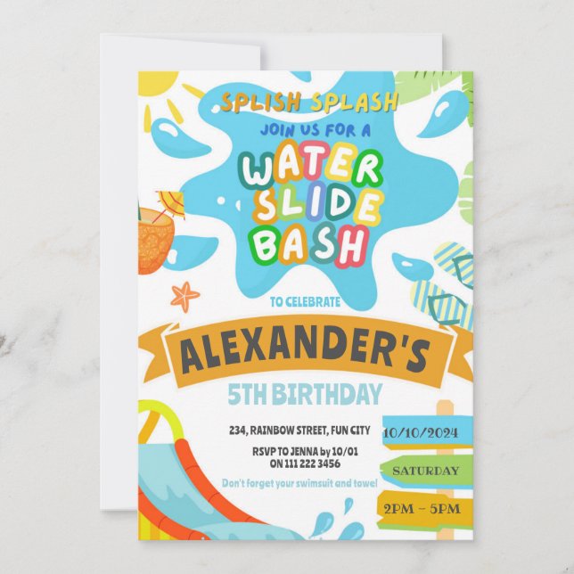 Waterslide Water Slide Park Bash Splash Birthday Invitation (Front)