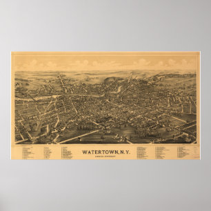 Watertown New York 1891 Antique Panoramic Map Poster