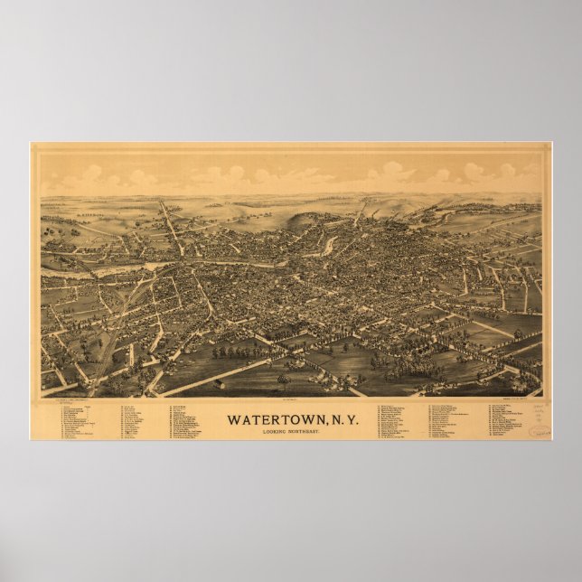 Watertown New York 1891 Antique Panoramic Map Poster (Front)
